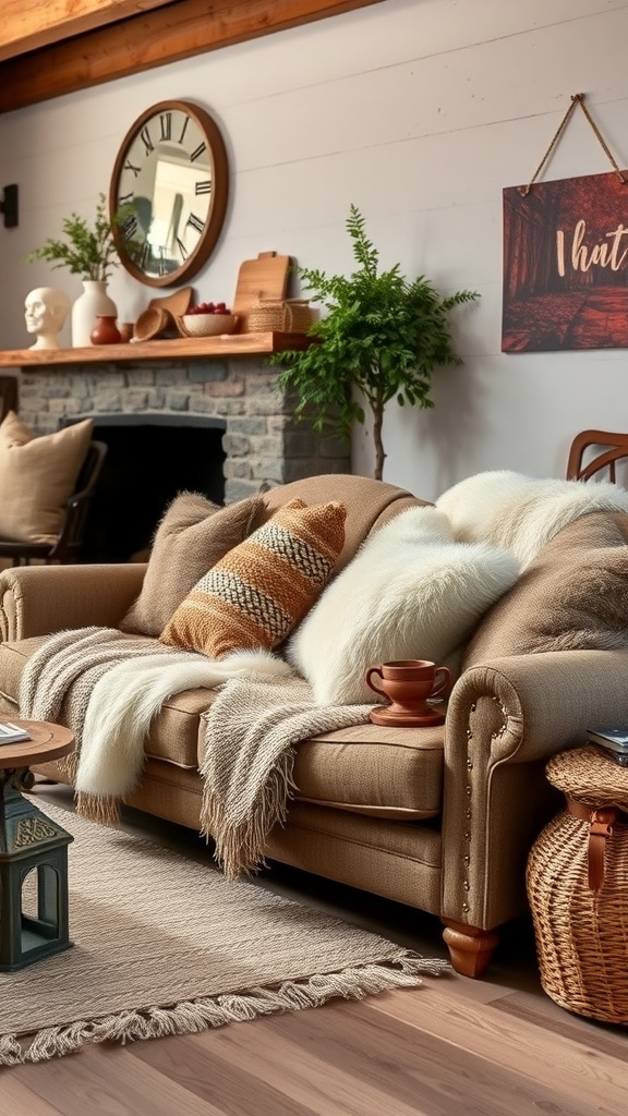 Cozy living room with faux fur accents on a sofa, featuring earthy tones and rustic decor.