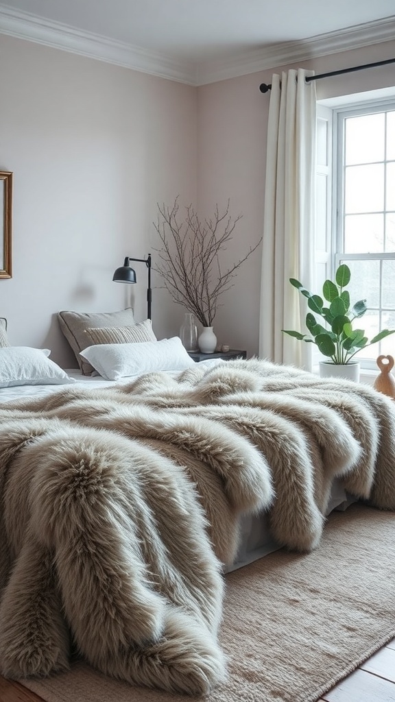 A cozy bedroom with faux fur accents on the bed, creating a warm and inviting atmosphere.