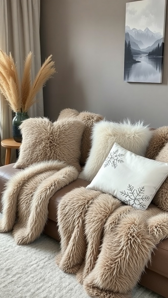 Cozy living room with faux fur accents on a couch, featuring soft throws and pillows.