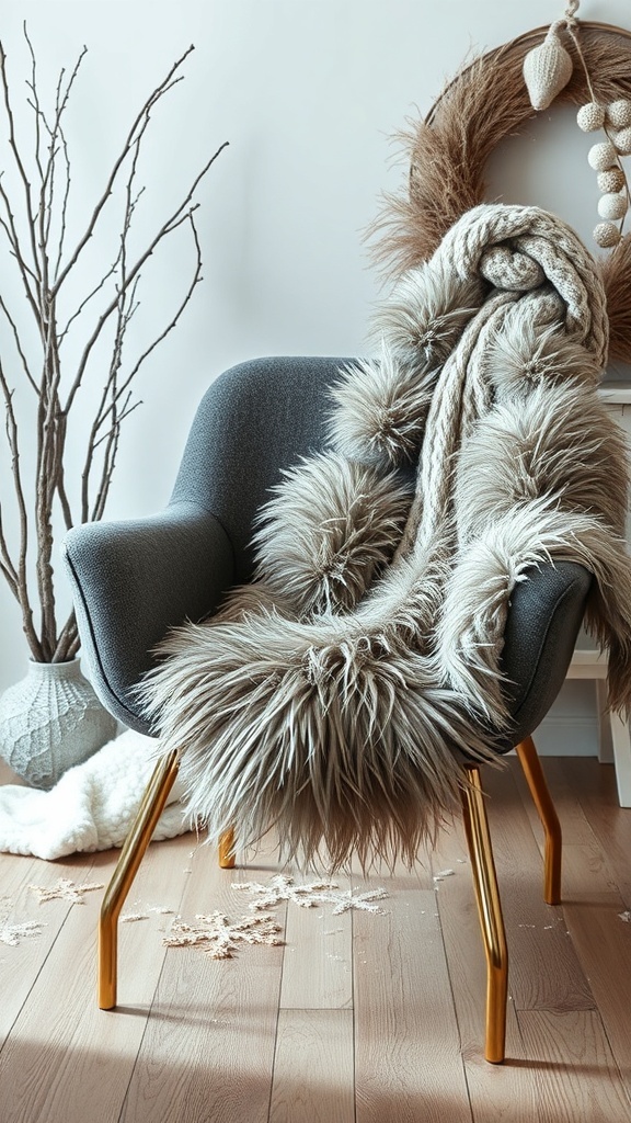 A cozy chair with a faux fur throw and winter decorations.