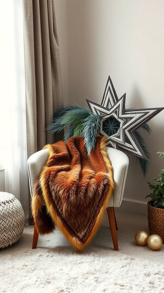 A cozy chair with a faux fur throw blanket, a decorative star, and a plant in a pot.
