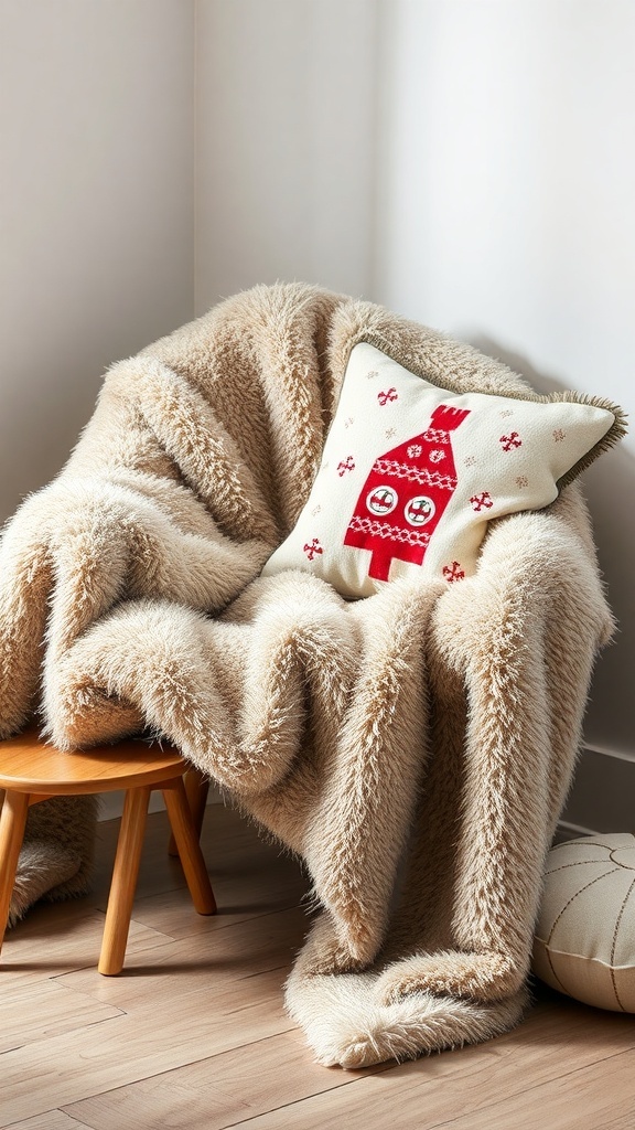 A cozy chair with a faux fur blanket and a decorative pillow.