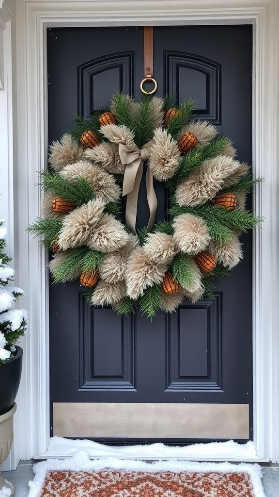 A winter wreath featuring faux fur and pine accents, hung on a front door.