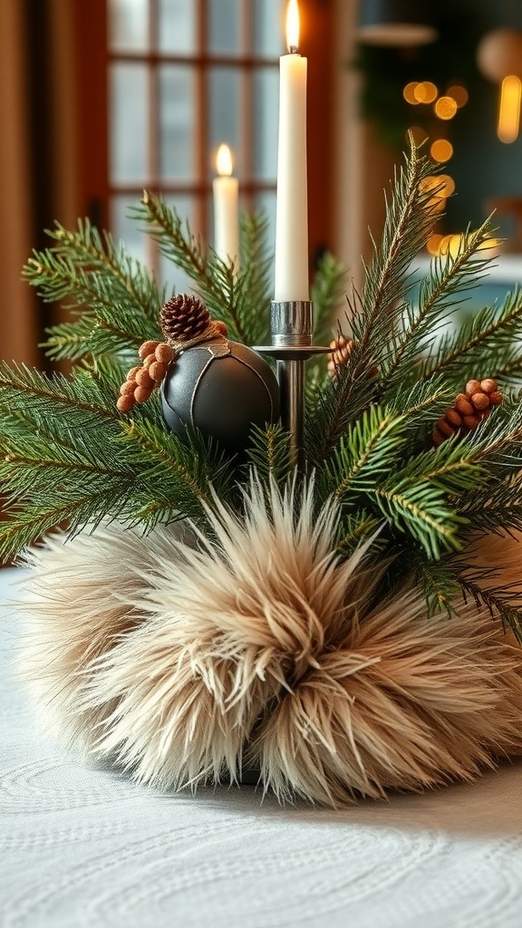 A cozy winter centerpiece featuring faux fur, pine branches, and candles.
