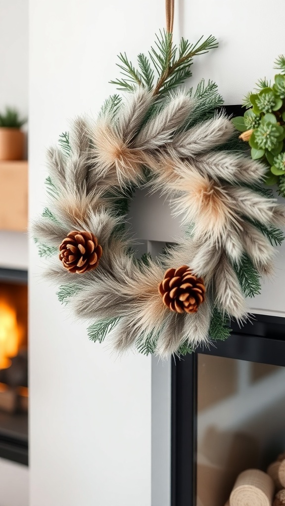 A winter wreath featuring faux fur and pinecones, hanging near a fireplace.