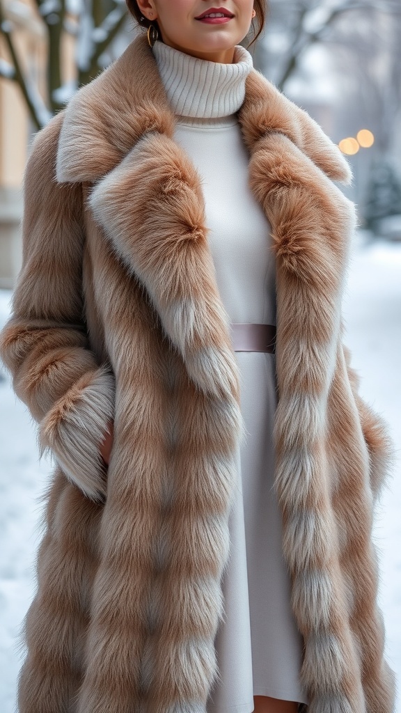 A woman wearing a faux fur coat over a turtleneck dress, standing in a snowy outdoor setting.