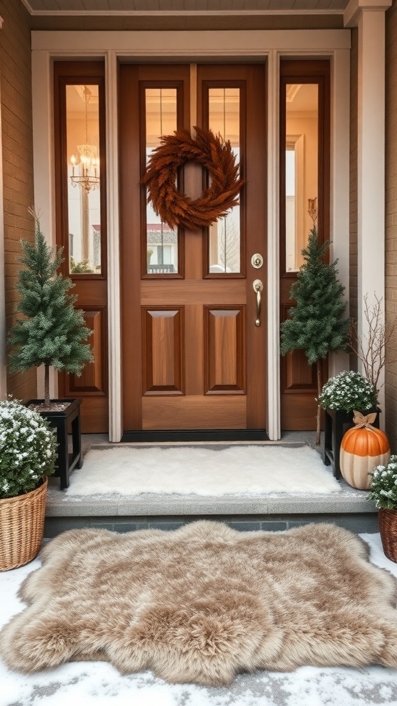 A cozy faux fur door mat in front of a decorated door with a wreath and potted plant.