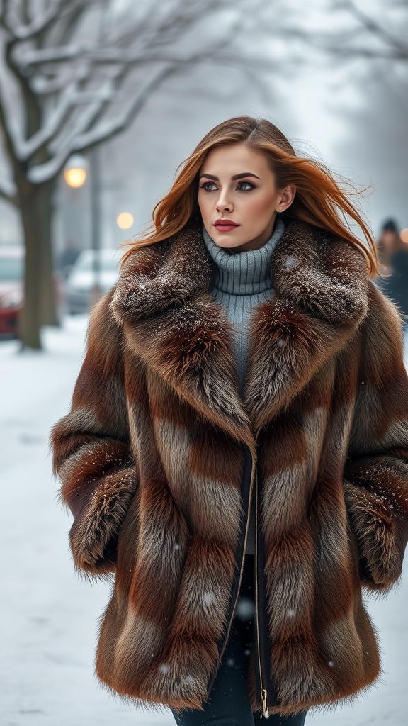 A woman wearing a stylish faux fur jacket in a snowy urban setting.