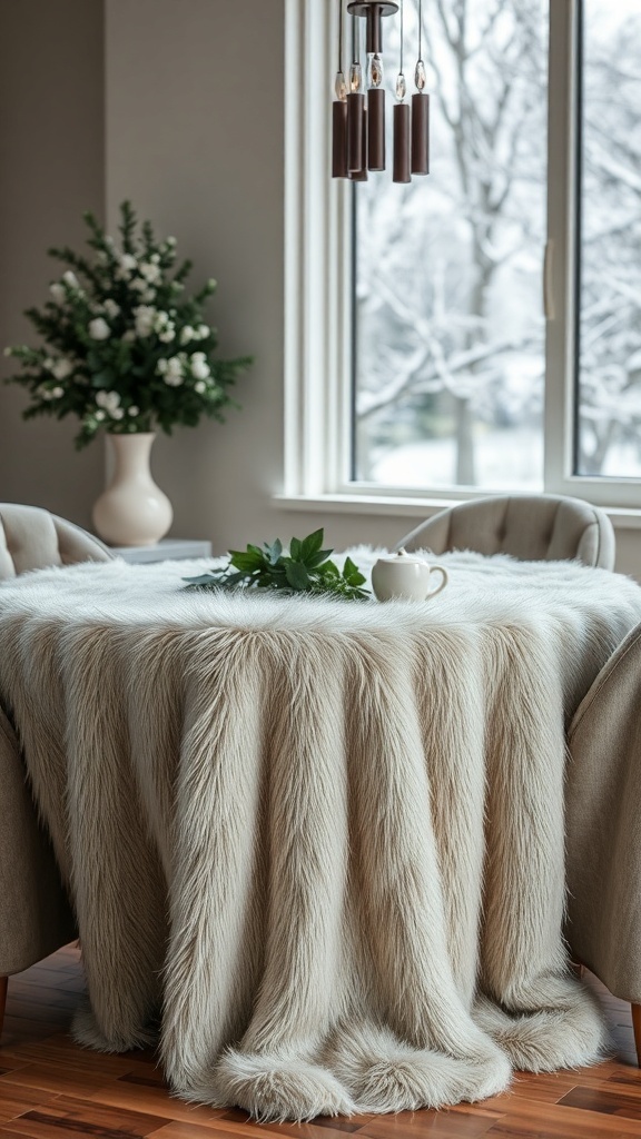 A cozy dining table with a faux fur tablecloth, surrounded by comfortable chairs and a wintery view outside.