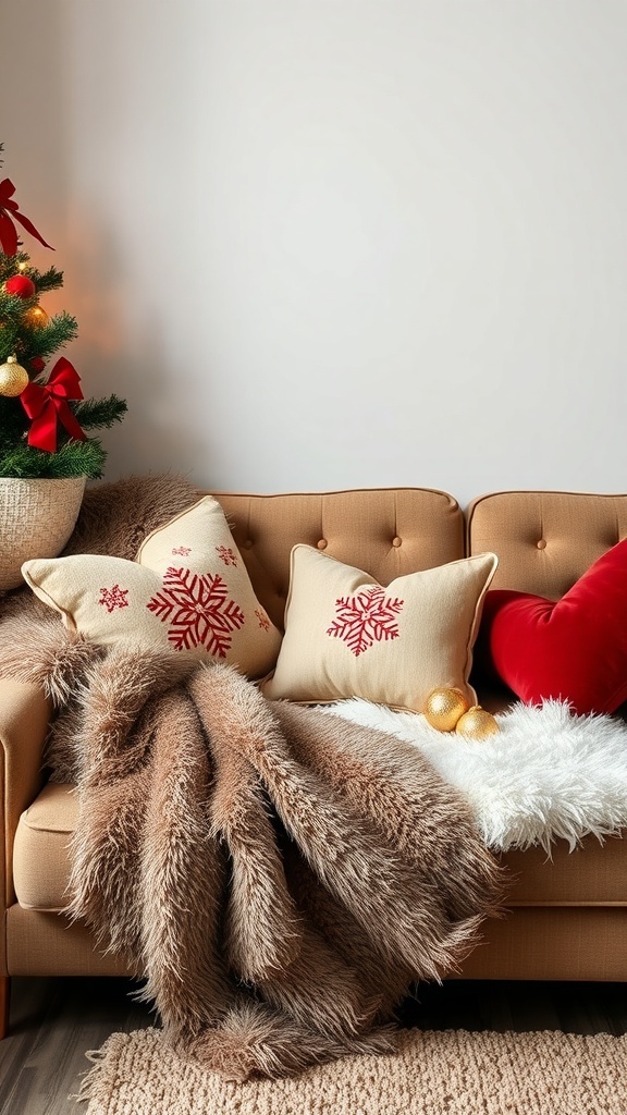 Cozy couch with faux fur throws and pillows, decorated for Christmas.