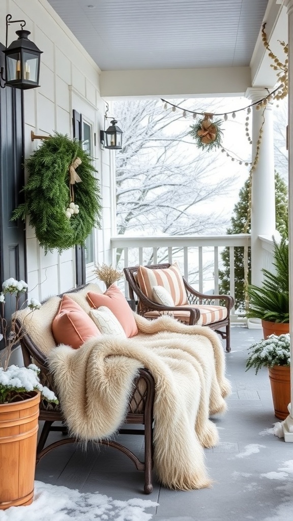 A winter porch decorated with faux fur throws, pillows, and greenery.