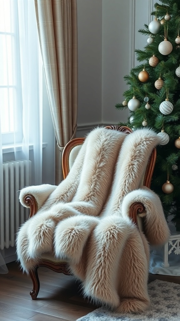 A cozy faux fur throw draped over a vintage chair beside a Christmas tree.