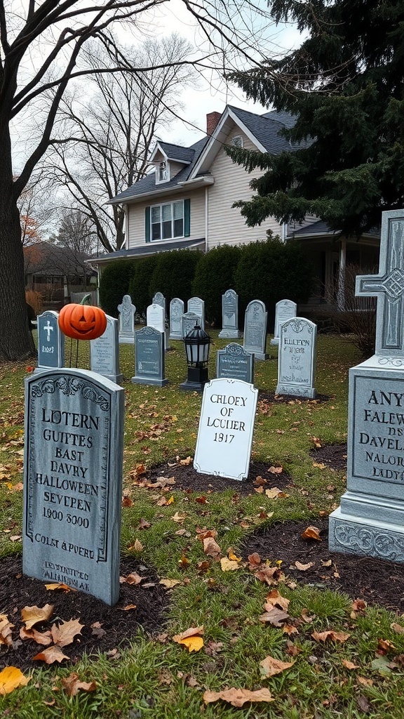 A yard decorated with faux tombstones and a pumpkin for Halloween.