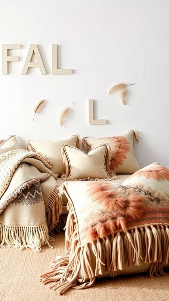 Cozy fall decor with feather and fringe accents on pillows and blankets