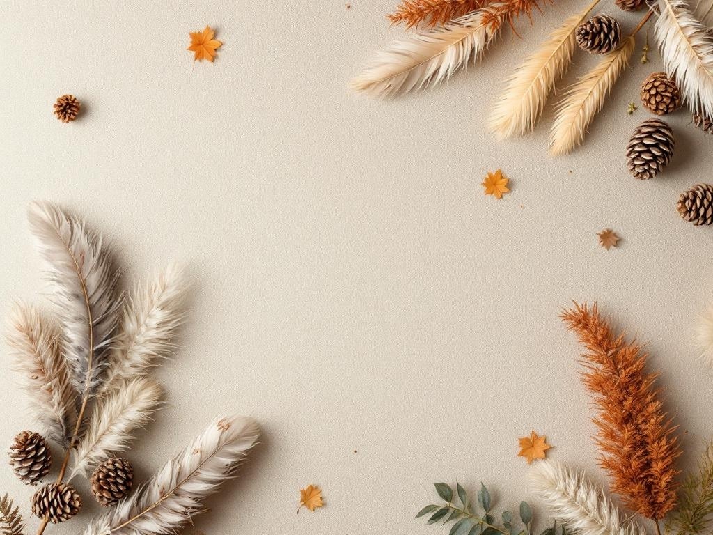 An arrangement of feathers, pinecones, and autumn leaves on a neutral background.