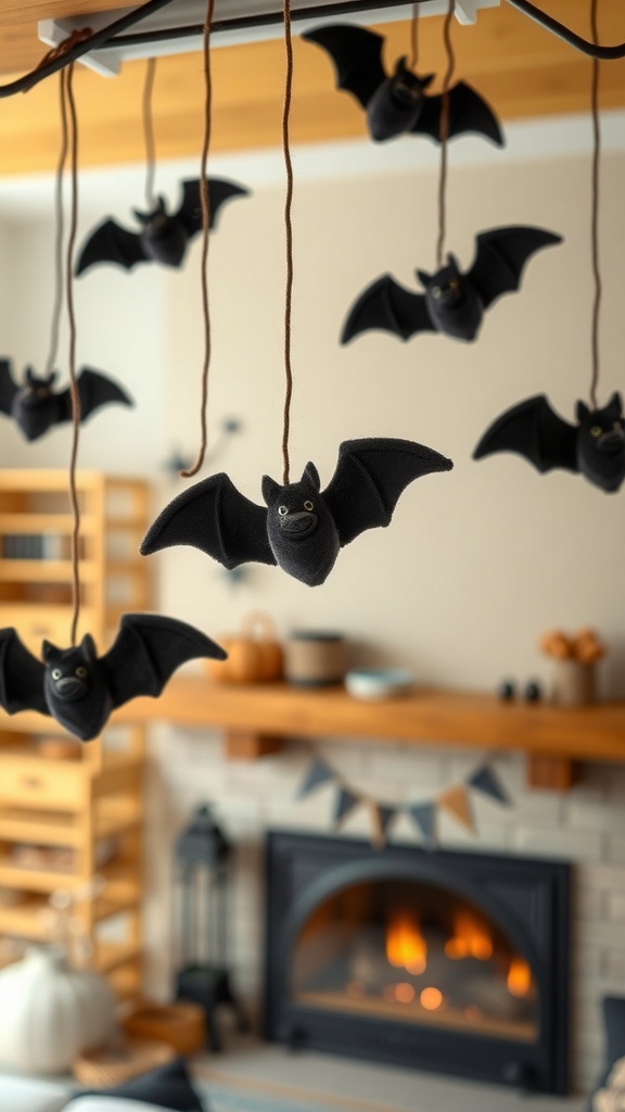 Hanging felt bat decorations in a cozy living room with a fireplace