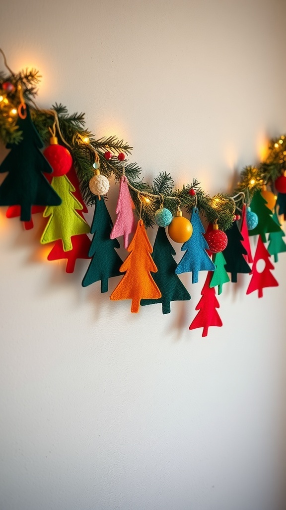 Colorful felt Christmas tree garland with ornaments and lights