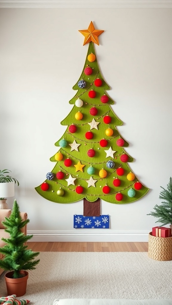 A colorful felt Christmas tree decorated with ornaments, displayed on a wall.