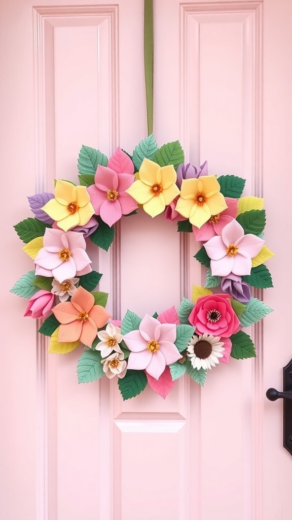 A colorful felt flower wreath with pink, yellow, and purple flowers on a pink door.