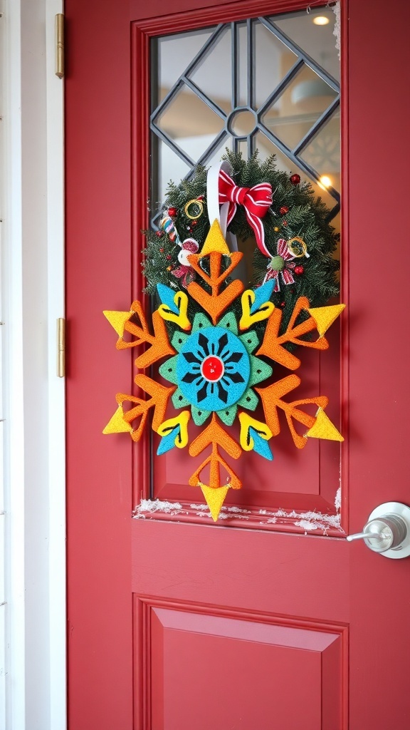 Colorful felt snowflake door hanger on a red door with a wreath.