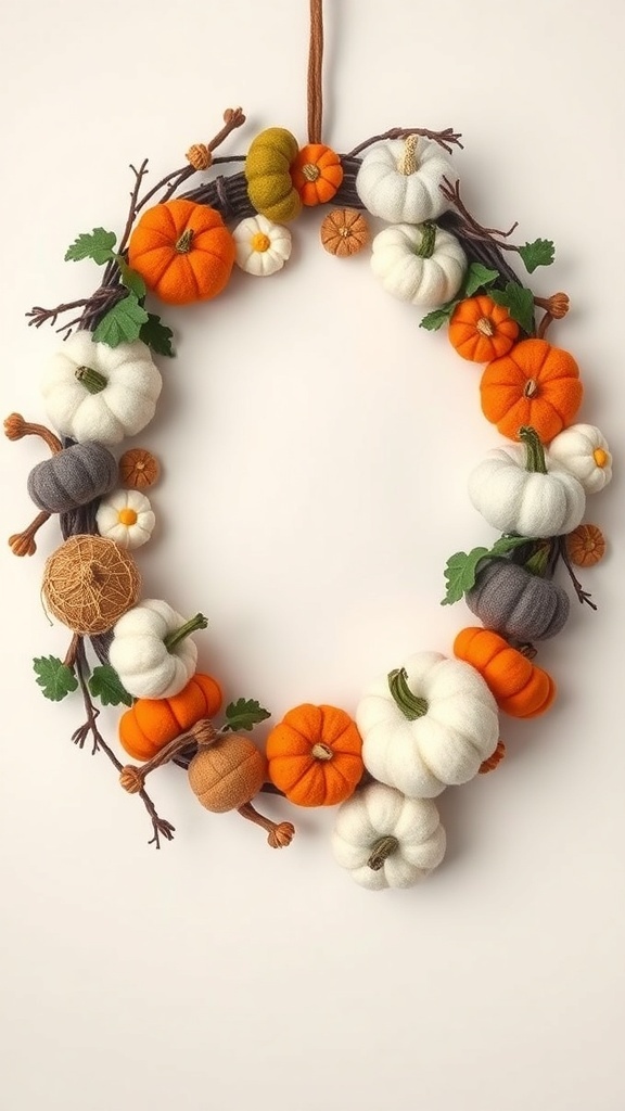 A colorful felted wool pumpkin wreath featuring various pumpkins and leaves on a twig base.