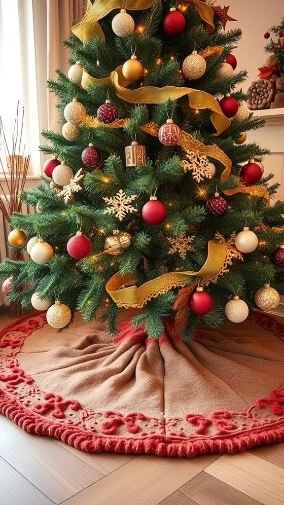 A cozy felted wool tree skirt in warm colors under a decorated Christmas tree.
