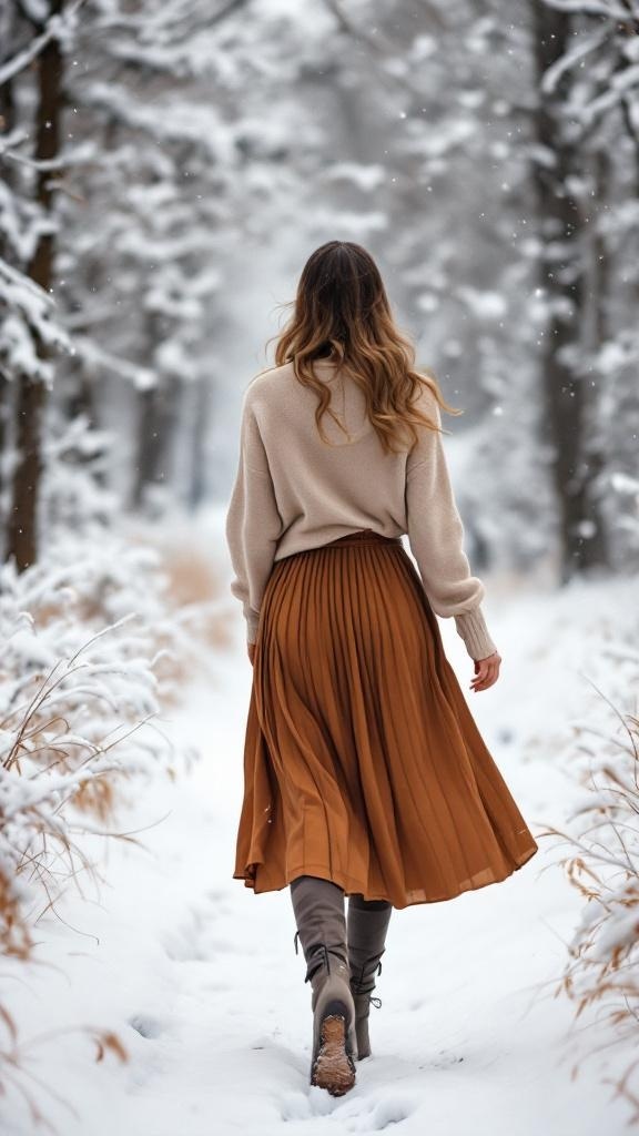 A woman walking in a snowy landscape wearing a pleated brown midi skirt and a cozy sweater.