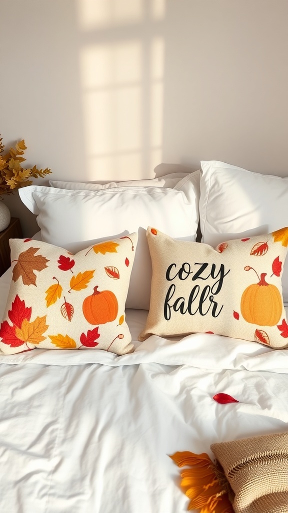 Two decorative pillows on a bed, one with leaves and pumpkins, the other with the text 'cozy fall'