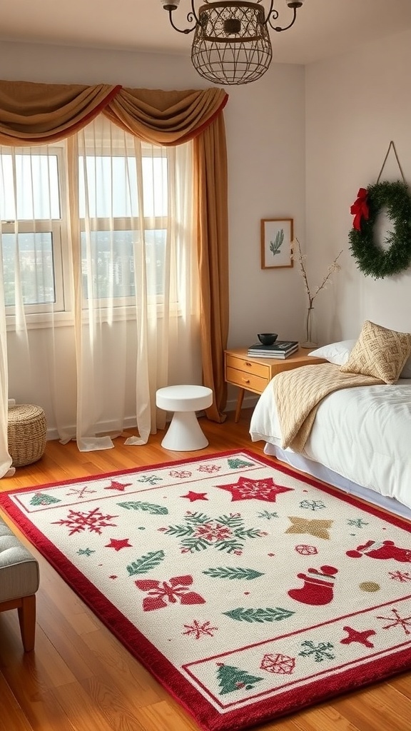 A Christmas-themed area rug featuring festive designs in a cozy bedroom setting.