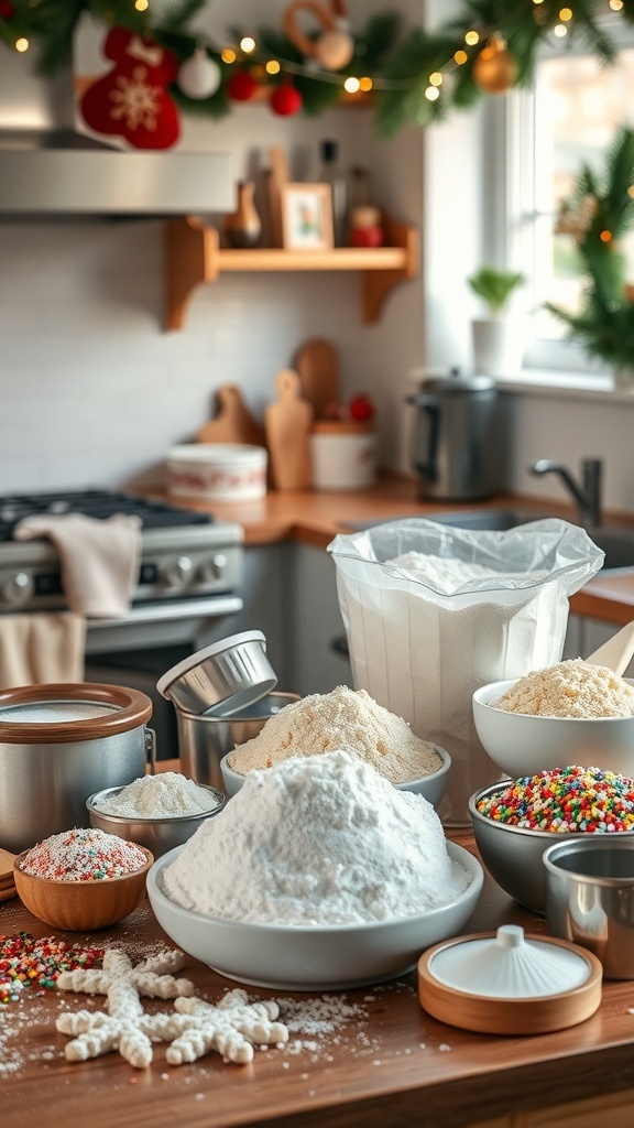 A festive kitchen setup with various baking ingredients like flour, sugar, and colorful sprinkles, decorated for Christmas.