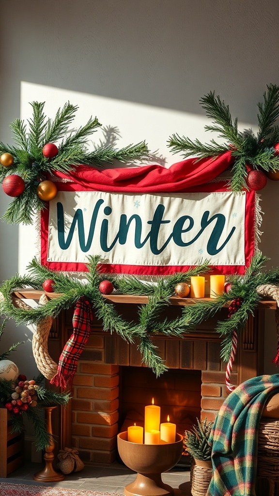 A decorated fireplace mantle with a sign that says 'happy thanig ot herish tmas' surrounded by garland, ornaments, and stockings.