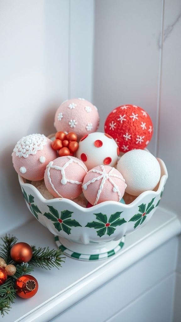 A bowl filled with colorful holiday-themed bath bombs, surrounded by festive decorations.
