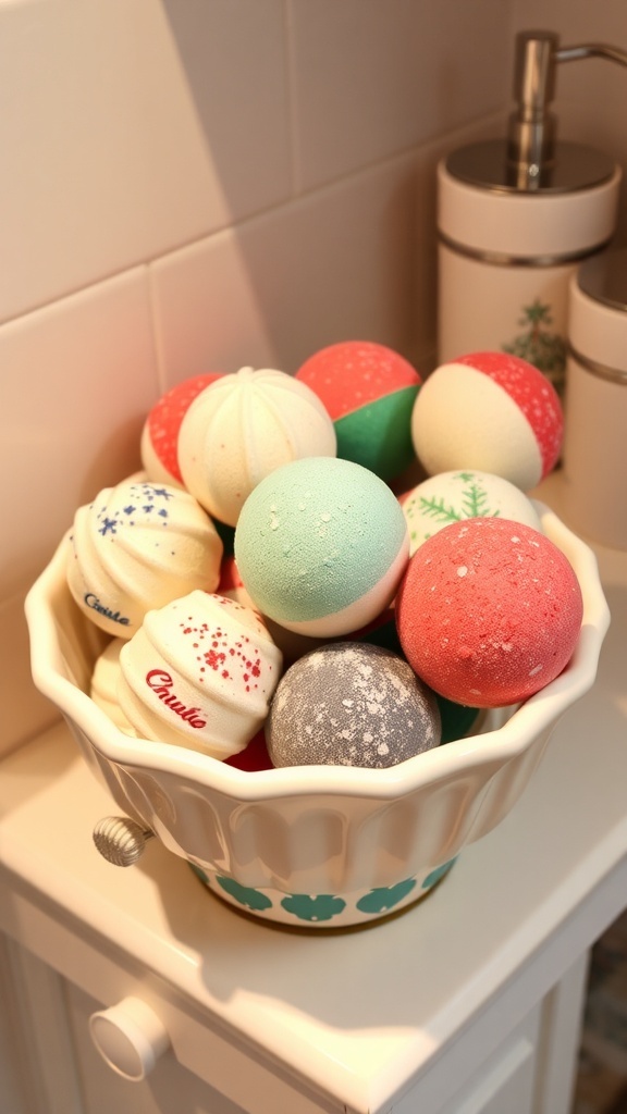 A collection of colorful Christmas-themed bath bombs in a decorative bowl.