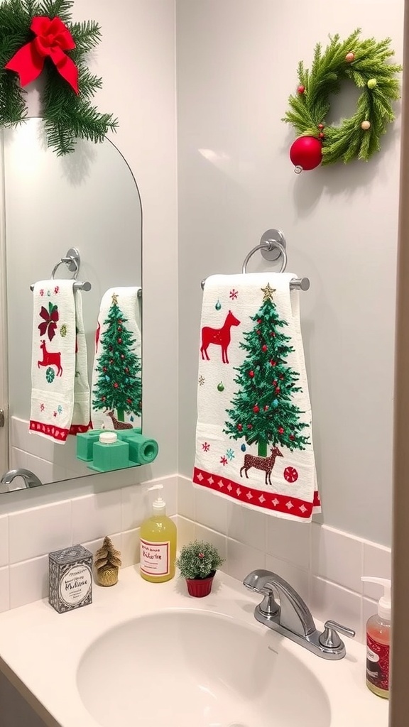 A decorated bathroom with a 'Merry Christmas' sign, festive towels, and holiday accents.