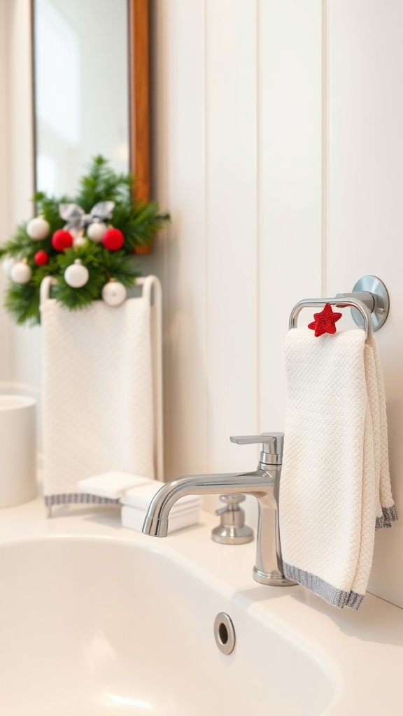 A festive bathroom setup featuring a towel with a star decoration and a small wreath.