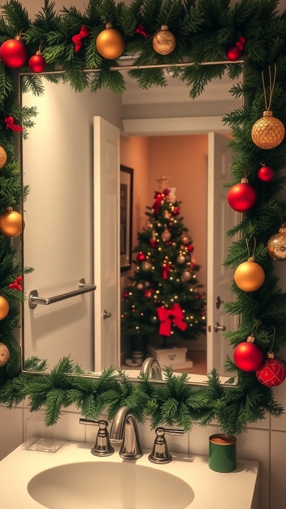 A bathroom mirror decorated with a green garland and colorful ornaments, reflecting a Christmas tree in the background.