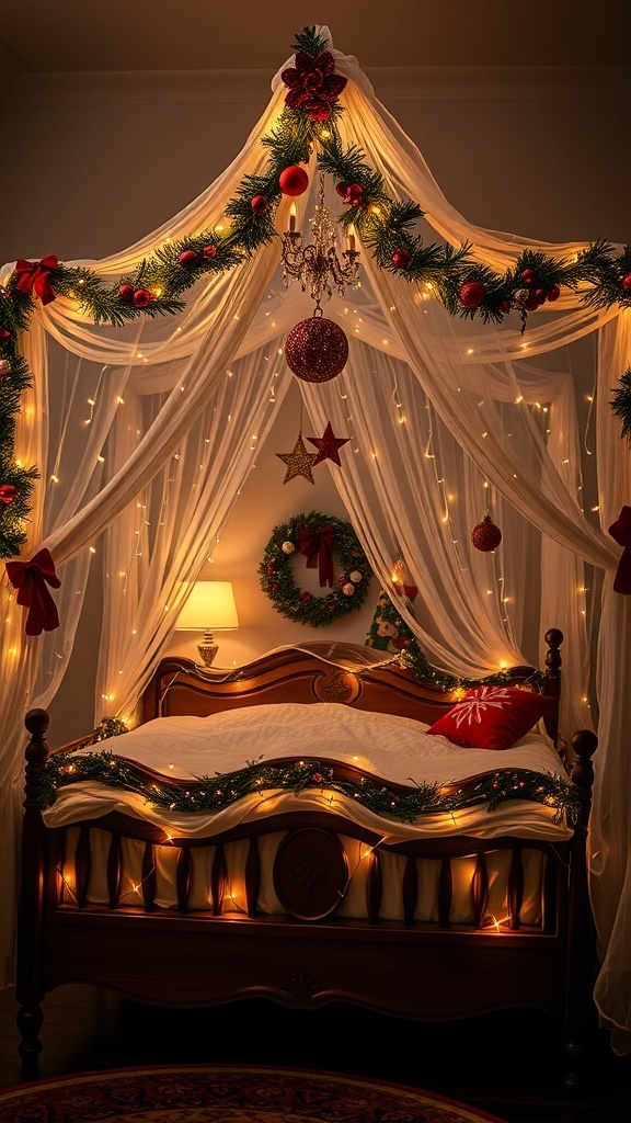 A beautifully decorated bed canopy with lights and festive ornaments.