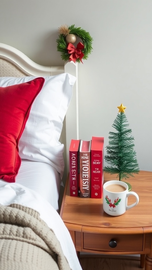 A festive bedside table setup featuring a small Christmas tree, a stack of books, a holiday mug, and a lamp.