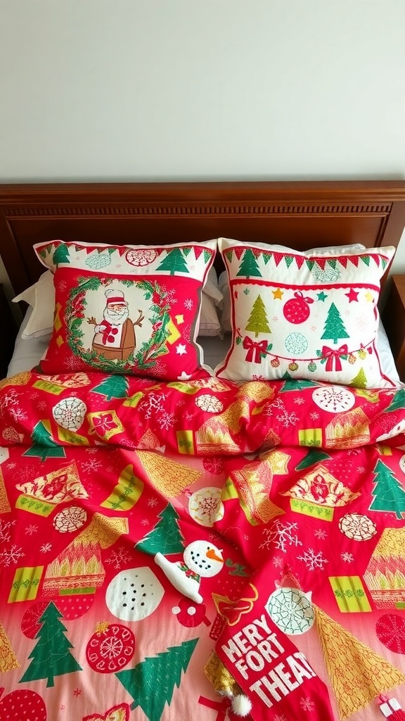 A colorful Christmas-themed bedspread with pillows featuring Santa and festive decorations.