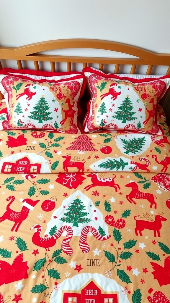 A festive bedspread with red and green Christmas designs, featuring reindeer, trees, and candy canes, paired with matching decorative pillows.