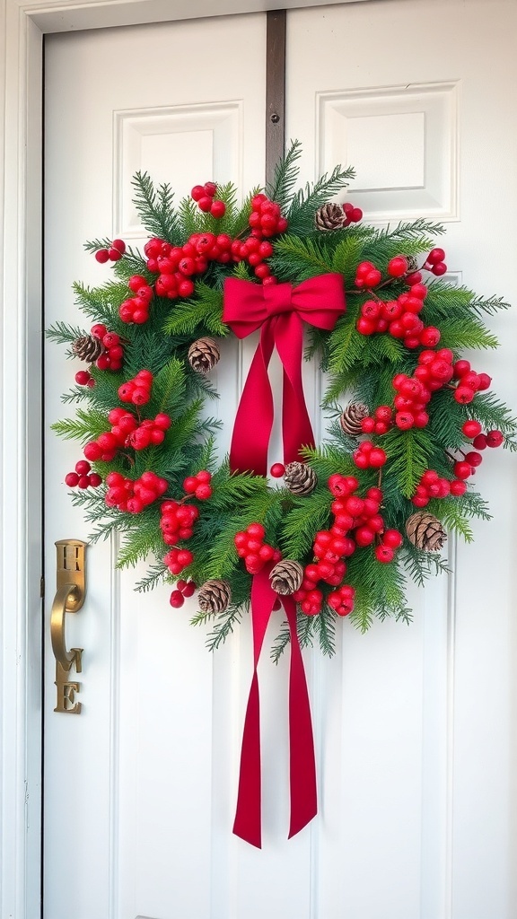 A festive wreath with red berries, pine cones, and a red bow, hanging on a white door.