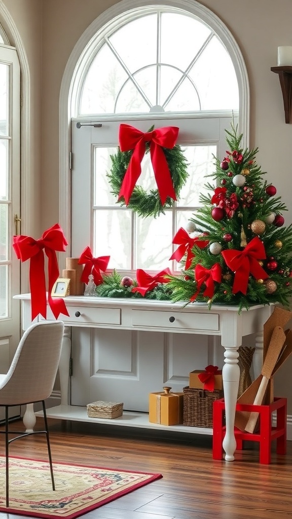 Entryway table decorated for Christmas with bows, wreath, and a small tree.
