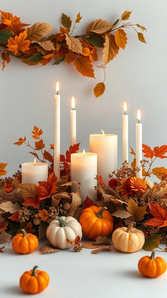 A festive candle arrangement featuring white candles, autumn leaves, and pumpkins.