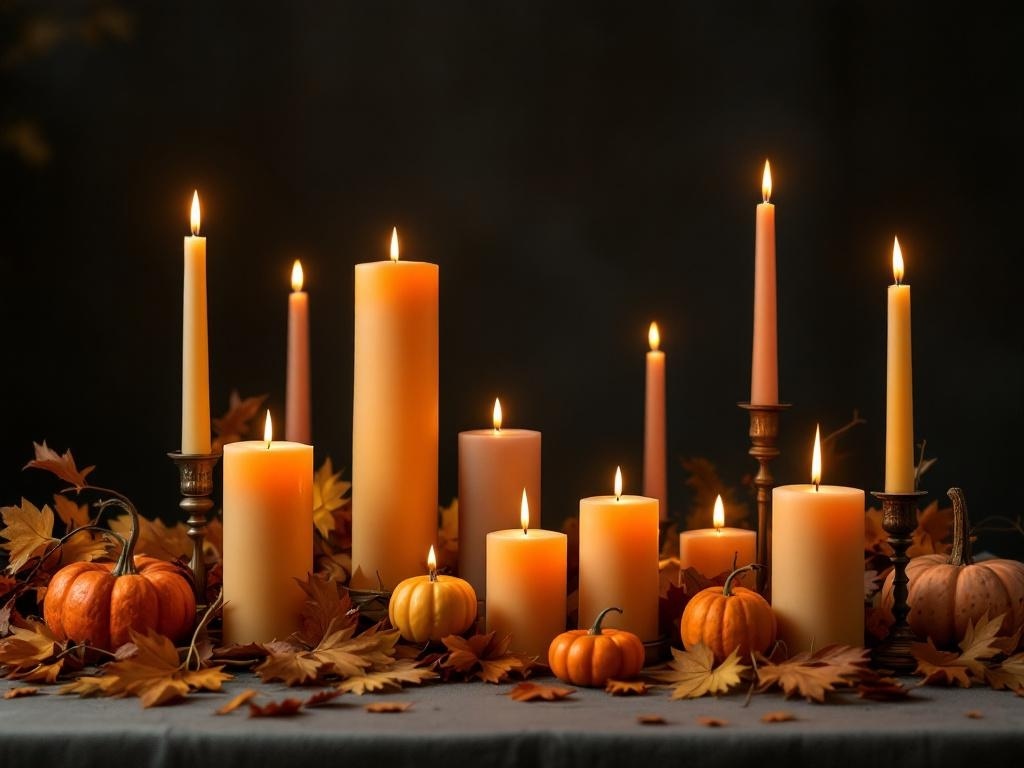 A beautiful arrangement of candles in warm colors surrounded by autumn leaves and pumpkins.