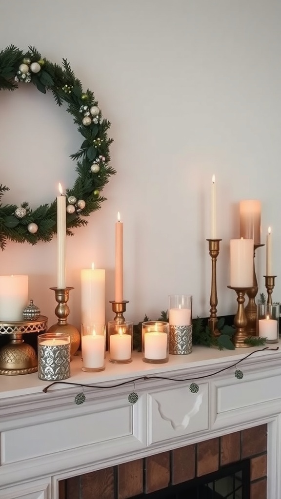 A beautifully decorated fireplace mantel featuring various candles and a festive wreath.