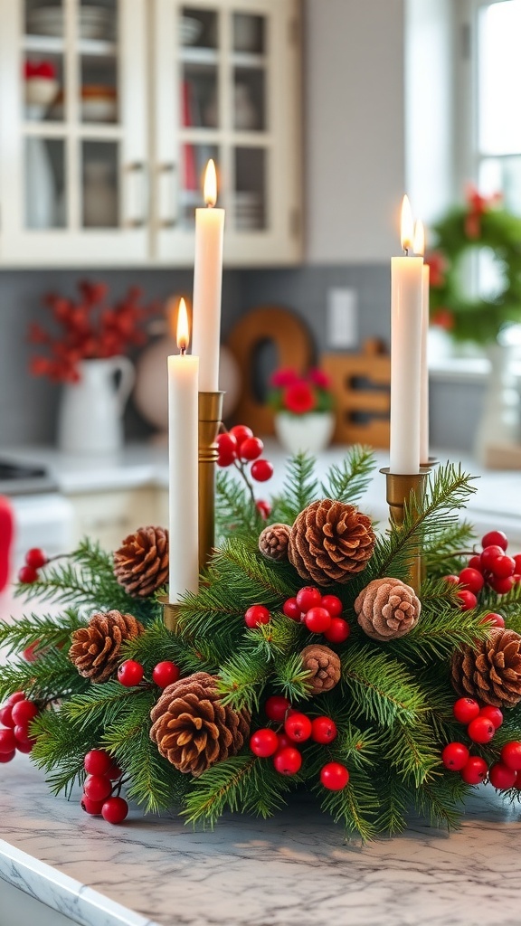 A festive centerpiece featuring pinecones, red berries, and candles on a countertop.