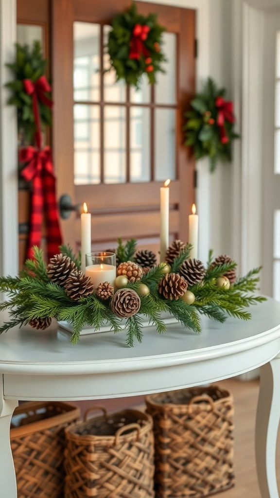 A beautifully decorated entryway table featuring pinecones, candles, and greenery.