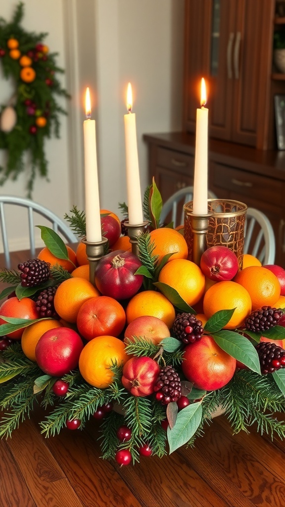 A festive centerpiece featuring seasonal fruits, candles, and greenery on a kitchen table.