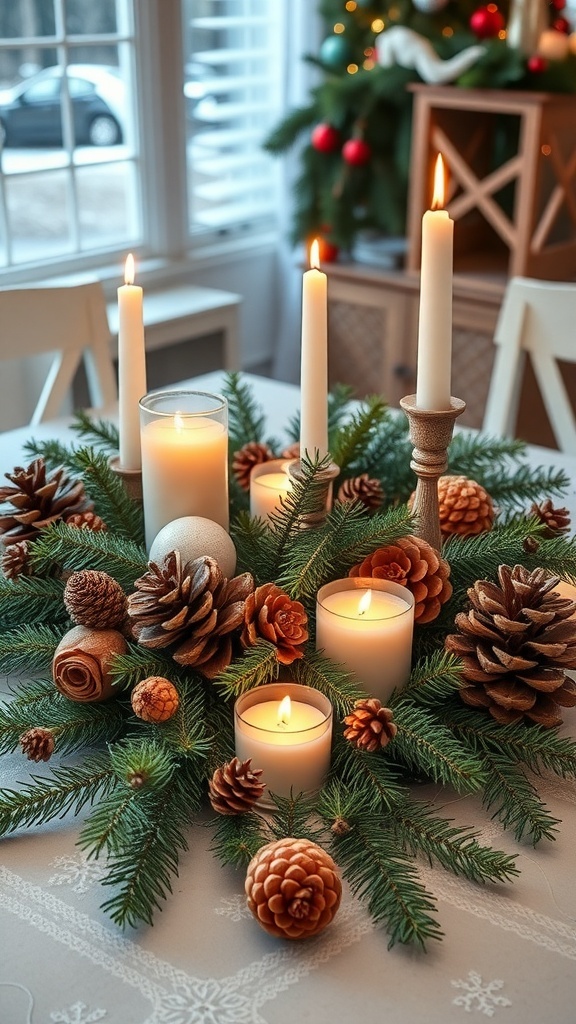 A winter dining table centerpiece featuring candles, pinecones, and greenery.