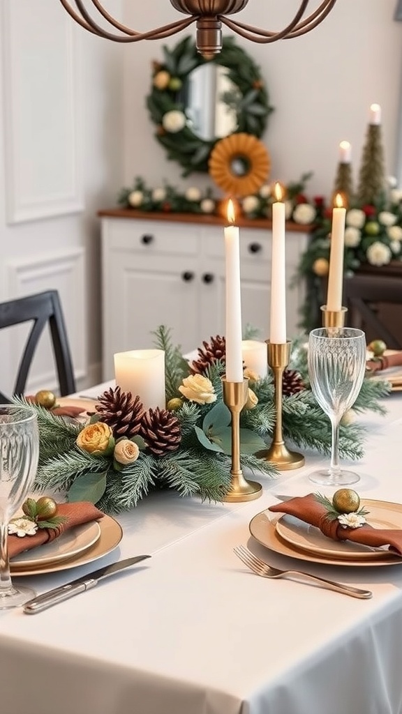A beautifully decorated holiday table with candles, flowers, and pinecones.